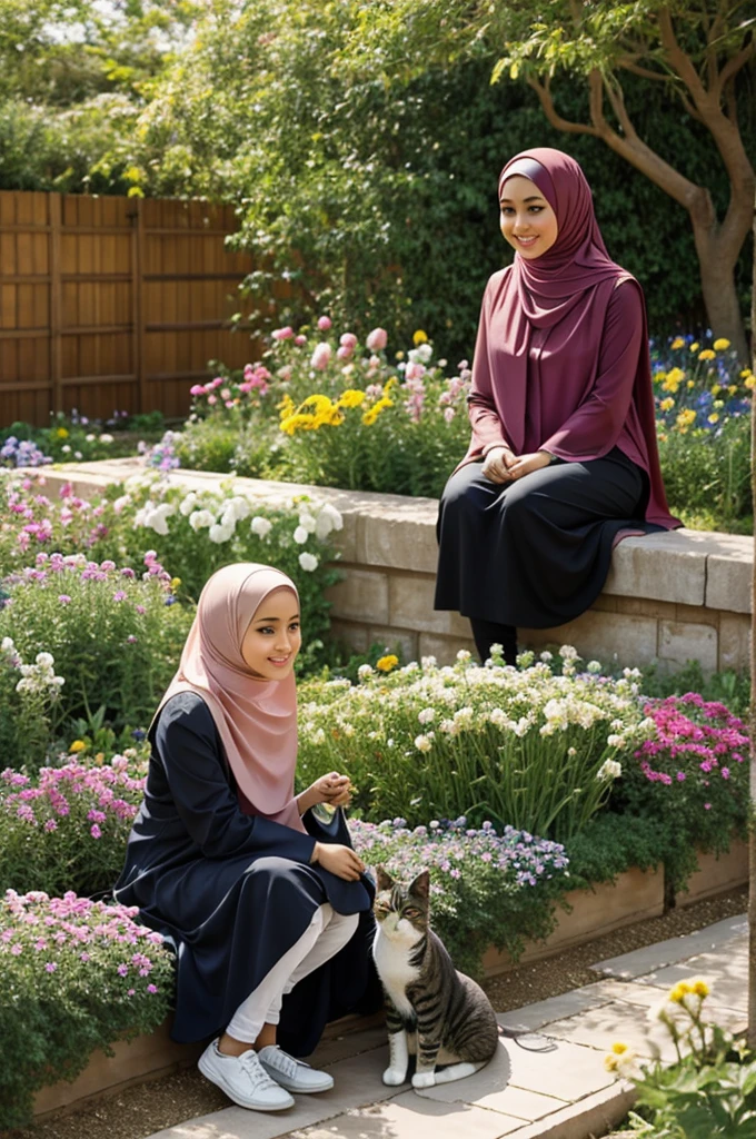 A hijab girl sitting with her cat at garden full of flowers