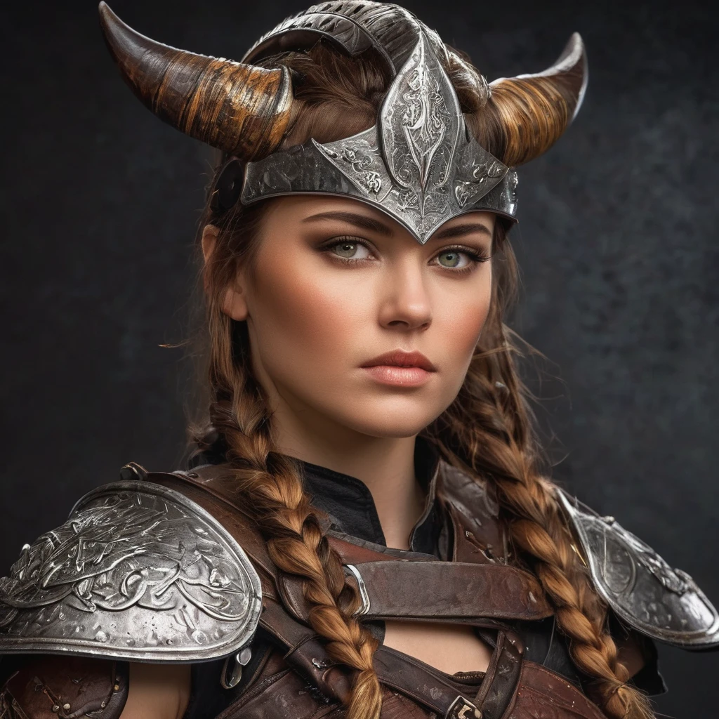 (Viking warrior, Wearing leather armor and a horned helmet), Beautiful attention to detail, Beautiful lip detail, Highly detailed eyes and face, Warrior Attitude, Standing confidently in a dramatic pose, Hold your battle axe high, Brandishing a menacing sword, A look of determination, Her face has scars and battle scars, She has a dragon tattoo on her neck, Cinematic lighting and composition, Dramatic shadows and highlights, Photorealistic textures and details, Realistic and vibrant colors, Vibrant backgrounds and scenery, Highly detailed hairstyles and braid styles, Masterpiece quality and resolution, Powerful, cinematic feel, Create a sense of awe and intimidation.