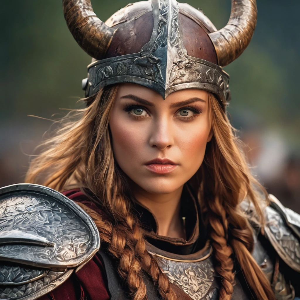 (Viking warrior, Wearing leather armor and a horned helmet), Beautiful attention to detail, Beautiful lip detail, Highly detailed eyes and face, Warrior Attitude, Standing confidently in a dramatic pose, Hold your battle axe high, Brandishing a menacing sword, A look of determination, Her face has scars and battle scars, She has a dragon tattoo on her neck, Cinematic lighting and composition, Dramatic shadows and highlights, Photorealistic textures and details, Realistic and vibrant colors, Vibrant backgrounds and scenery, Highly detailed hairstyles and braid styles, Masterpiece quality and resolution, Powerful, cinematic feel, Create a sense of awe and intimidation.