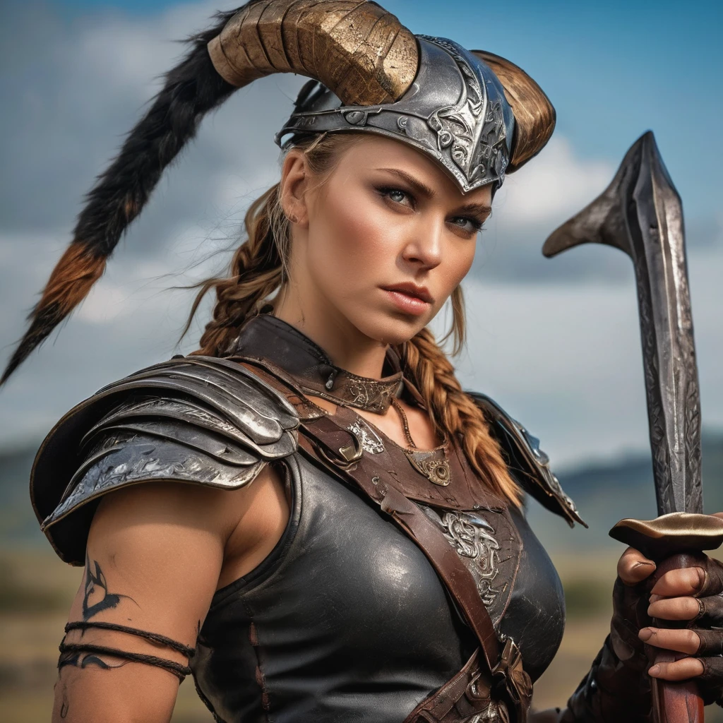 (Viking warrior, Wearing leather armor and a horned helmet), Beautiful attention to detail, Beautiful lip detail, Highly detailed eyes and face, Warrior Attitude, Standing confidently in a dramatic pose, Hold your battle axe high, Brandishing a menacing sword, A look of determination, Her face has scars and battle scars, She has a dragon tattoo on her neck, Cinematic lighting and composition, Dramatic shadows and highlights, Photorealistic textures and details, Realistic and vibrant colors, Vibrant backgrounds and scenery, Highly detailed hairstyles and braid styles, Masterpiece quality and resolution, Powerful, cinematic feel, Create a sense of awe and intimidation.