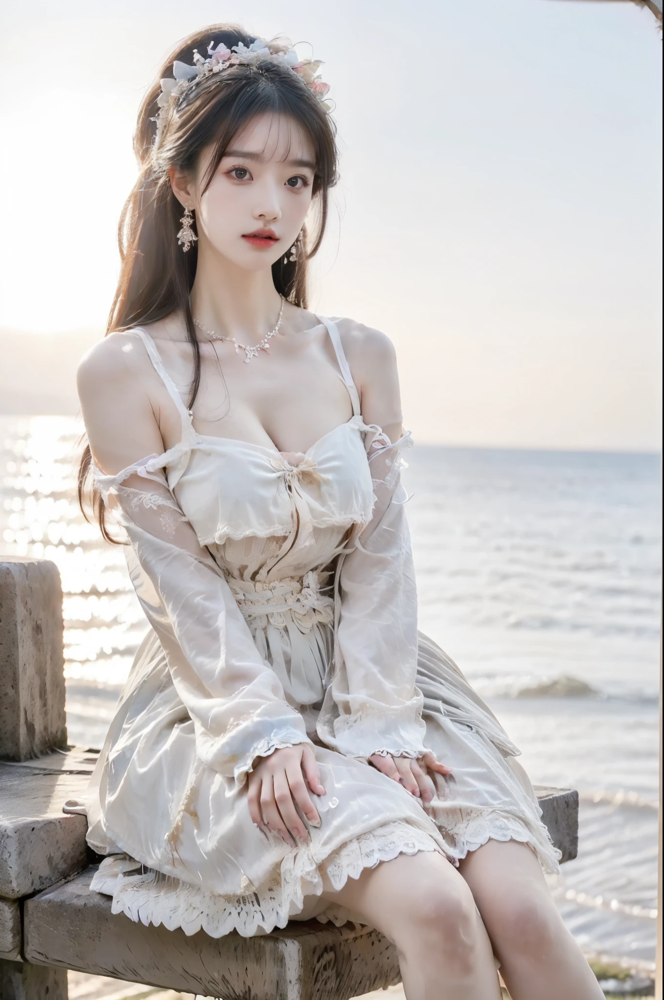 cns_dress, Beauty, 1girl,solo, beautiful女人，Have a perfect body：1.4，Layered Hairstyle，((Big breasts)), ((E cup)), Visible cleavage，Bare shoulders, Highly detailed face and skin texture，Double eyelids，Skin Whitening，Long hair，Whitening long legs，Standing by the sea, Fashion girl, Red lips, Sweet maiden, beautiful妆容, detail, lifelike, Very detailed, amazing, beautiful, Young and energetic, high quality，High Definition, rich and colorful，Exquisite, Smooth skin, The skirt is short, Lift the skirt with your hands, Elegant and charming posture, Official Art, Extremely detailed, Movie atmosphere, Soft colors, Natural skin texture,