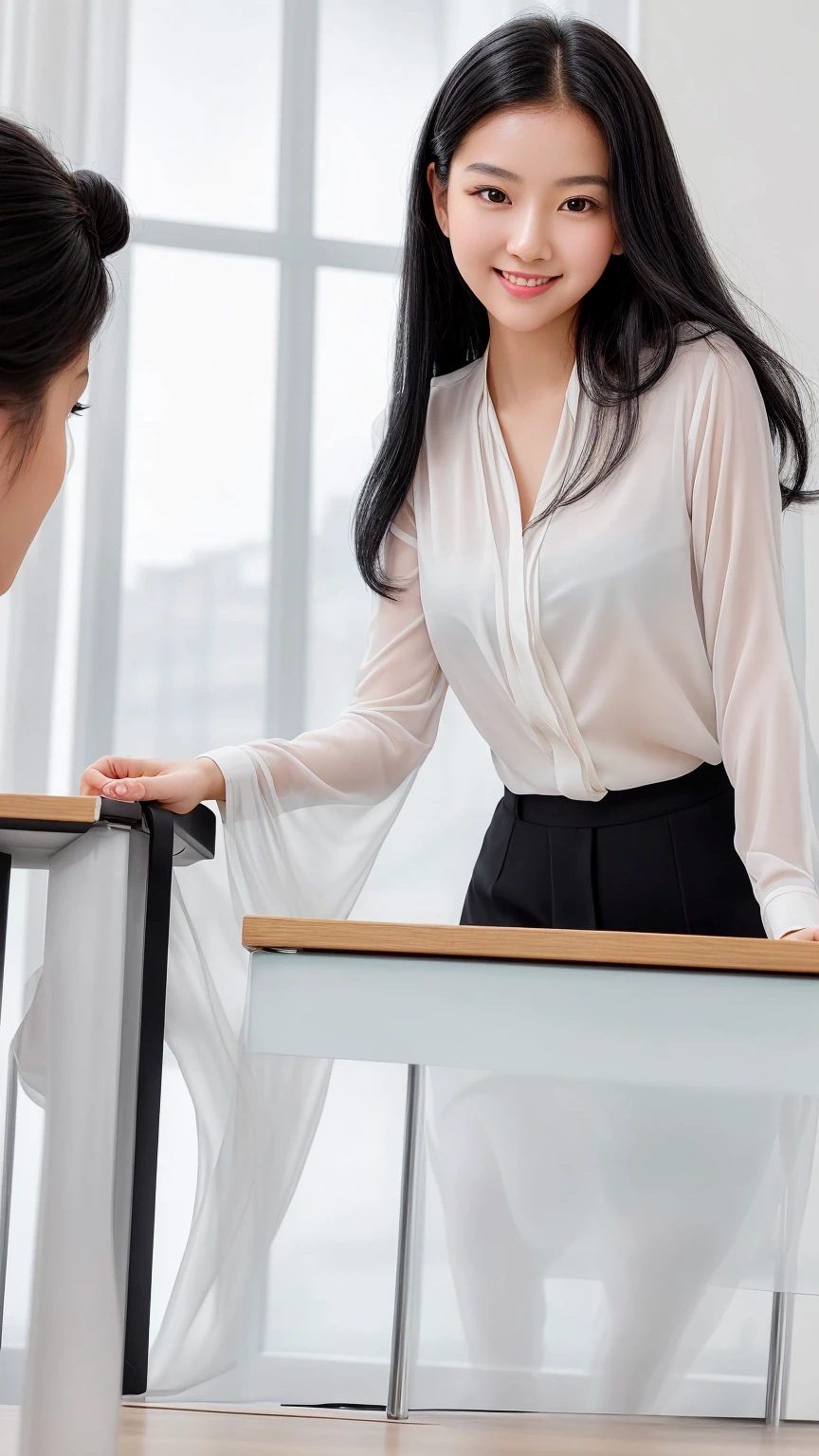 A close-up portrait photo of a young female instructor with long, black hair, giving a lecture across a desk in a bright and clean room. She has an exceptionally beautiful and adorable face with a smile that expresses kindness and calmness. She is wearing a stylish chiffon blouse. The background features minimalistic, modern decor, creating a professional and inviting atmosphere.