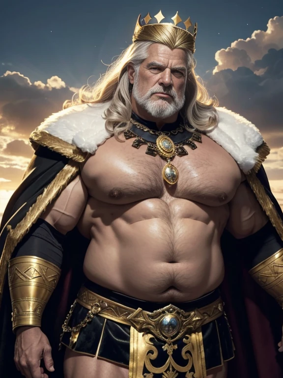 Imagen hiperrealista de un anciano con cara de Tom Platz, over 79 years old superhero imperial king grey-haired Nordic warrior with a huge crown of gold and gems and a halo of light on his head super heavy and very fat very handsome bodybuilder with huge flabby pecs and very large and pointed nipples very sweaty in a sky of very white clouds wearing only a Roman skirt of leather and gold and a velvet cape on the shoulders with an ermine collar 