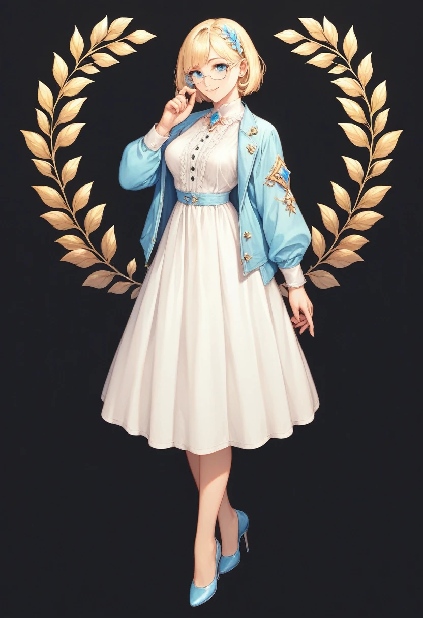 divine beautiful girl, beautiful face, solo, full body, standing, medium bob cut blonde hair, light blue eyes, two points glasses, medium breasts, blue opened short jacket, white blouse, white long pleats skirt, blue high heels, soft smile, pinch one's glasses, perfect hands and perfect fingers, black background, no background, pastel 2d art, matte painting