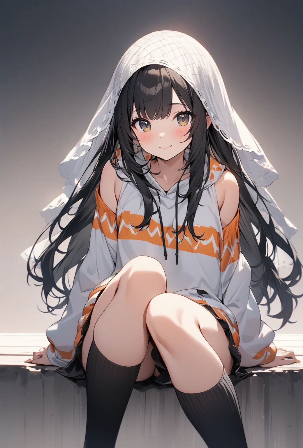 ((Highest quality)), ((masterpiece)), ((Very detailed)), (Very cute),A cool-looking woman with gentle black hair and a height of about 165cm.,A cute smiling woman wearing a black, white, and orange waifus with a cute patterned hood and bare shoulders, alone, Cute attitude,(background(bright),Long Hair - Straight,Knee-high socks、A cute patterned hoodie with a white shoulder-baring black and white veil and a white wall、Sitting、Facing the viewer、