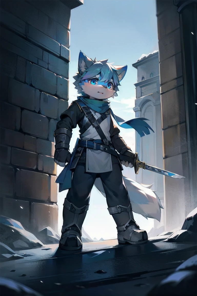 Wolf,juvenile,male,Gray-black fur,Sky blue eyes,Ancient combat uniform,scarf,Holding a long sword,Scabbard back,permanent,The only one,dawn,illumination,Break