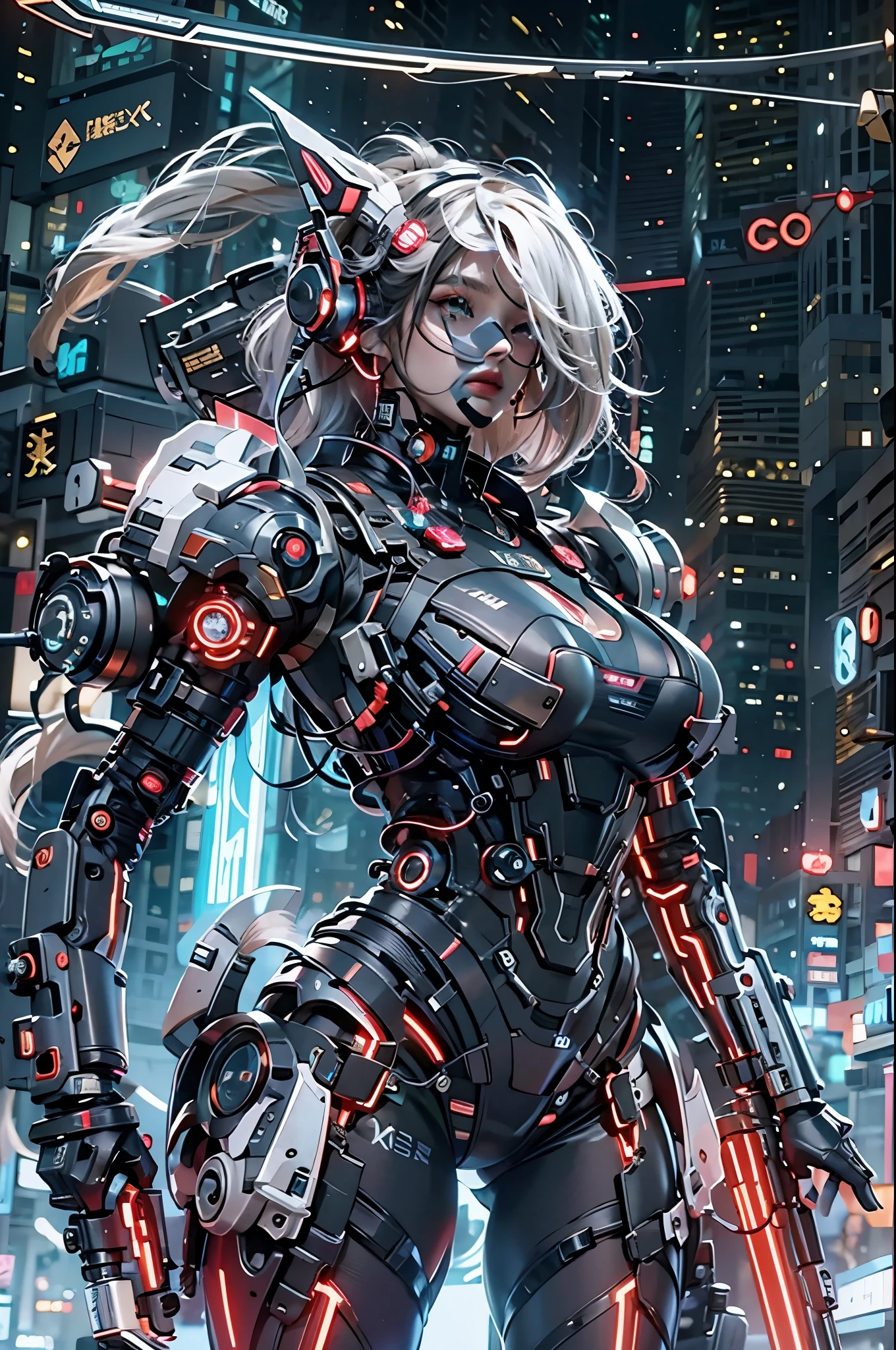 best quality,masterpiece,16k,1girl,Cyberpunk,headset,Mechanical earphones,Luminous earphones,Fragmented mechanical jewelry,Technological background,Positive close-up,Robot arm,The mechanical structure of the earpiece resembling a handgun,Slightly exposed chest,Multi light source earphones,Earphones with super complex mechanical structures,Multi light source neck protection,Emit red light,Strange shaped mechanical earphones,Super complex mechanical earphones,Black mechanical armor,Full body multiple light source points,Urban background,Multi light source background,skyscraper,night