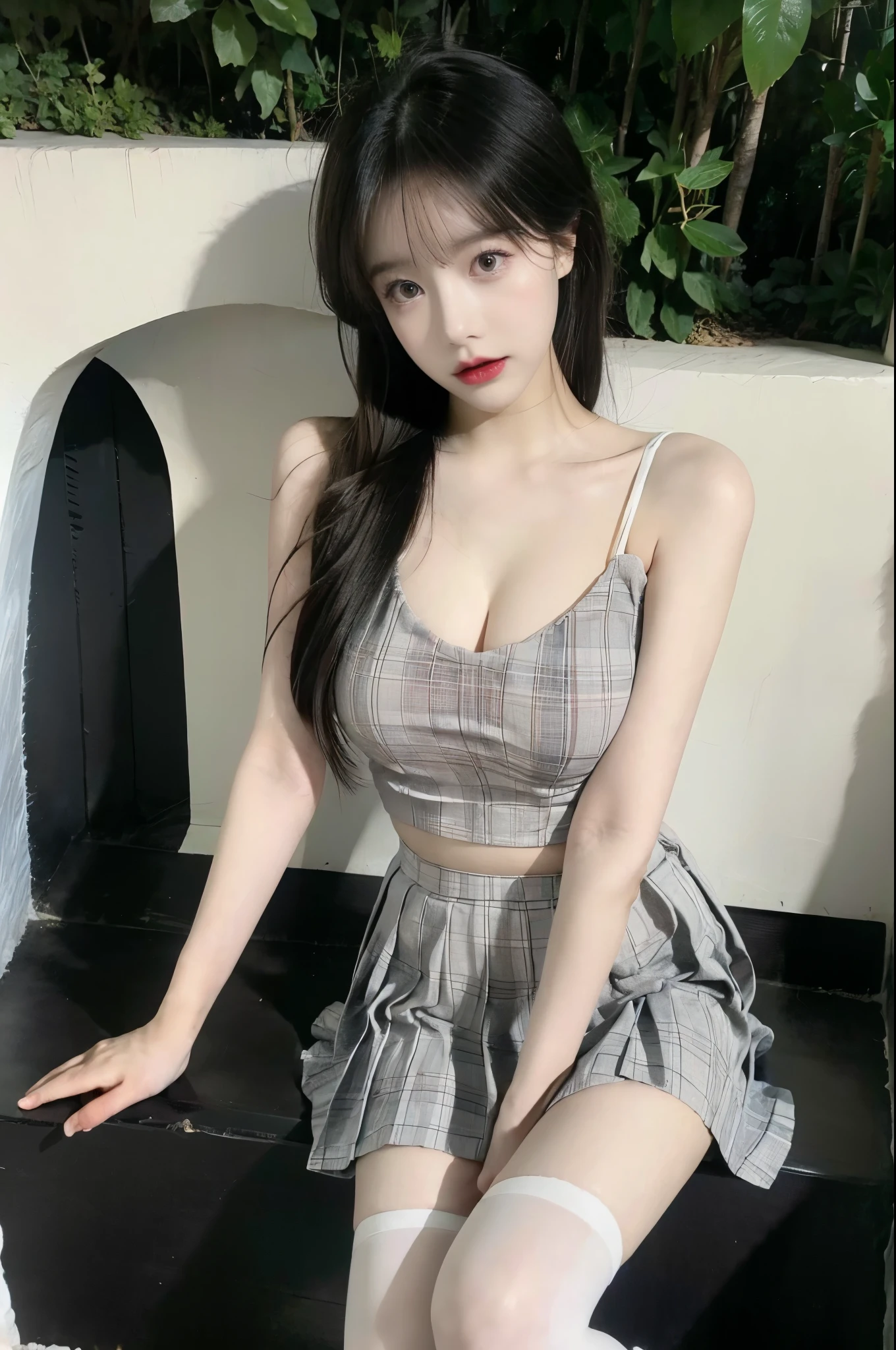 white thighhighs,loafers,black footwear,brown footwear,,mary janes,pleated skirt,plaid skirt,serafuku, Beauty, 1girl,solo, beautiful女人,Have a perfect body:1.4,Layered Hairstyle,((Big breasts)), ((E cup)), Visible cleavage,Bare shoulders, Highly detailed face and skin texture,Double eyelids,Skin Whitening,Long hair,Whitening long legs,Standing by the sea, Fashion girl, Red lips, Sweet maiden, beautiful妆容, detail, lifelike, Very detailed, amazing, beautiful, Young and energetic, high quality,High Definition, rich and colorful,Exquisite, Smooth skin, The skirt is short, Lift the skirt with your hands, Elegant and charming posture, Official Art, Extremely detailed, Movie atmosphere, Soft colors, Natural skin texture,