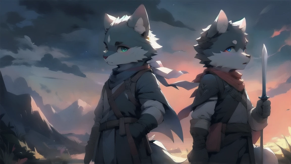 Wolf，juvenile，male，Gray-black fur，Sky blue eyes，Ancient combat uniform，scarf，Holding a long sword，Scabbard back，permanent，The only one,dawn，illumination，Break