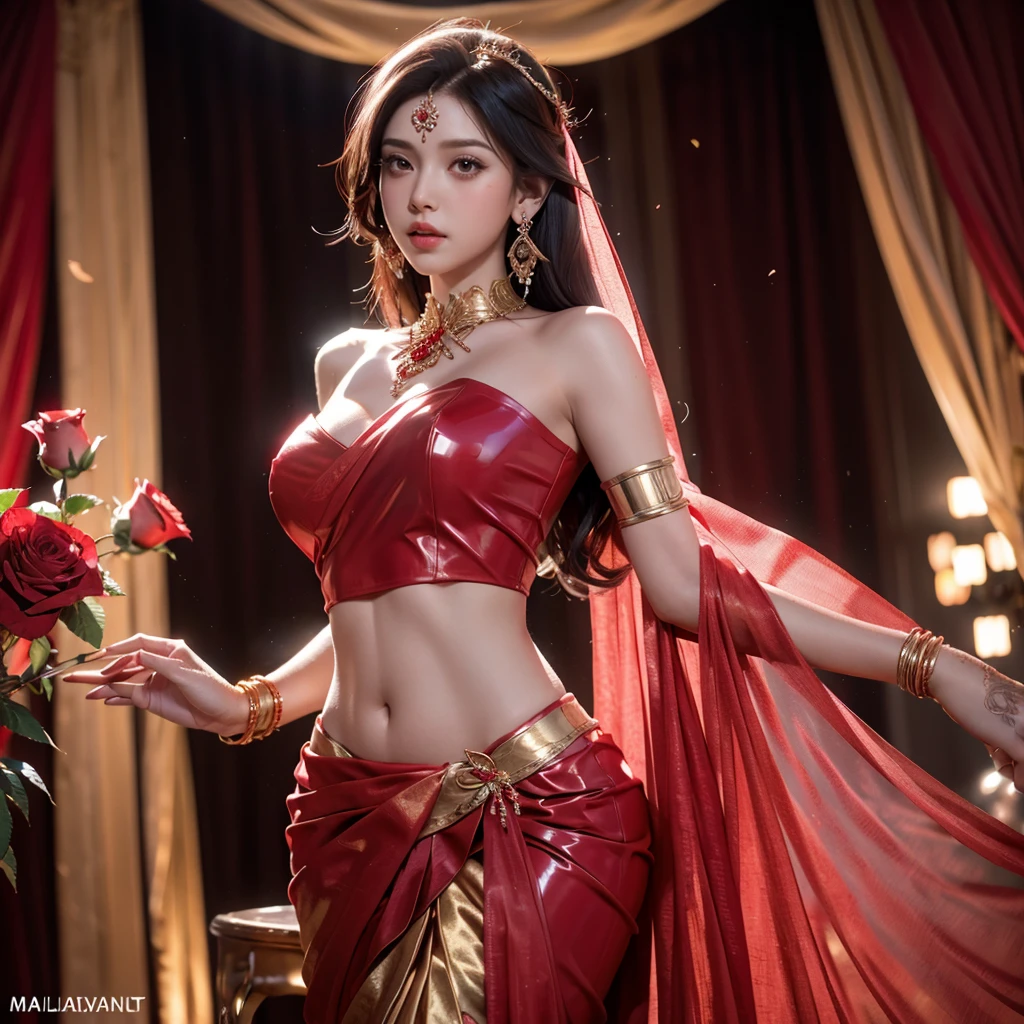 4k ultra realistic on wedding stage, 1girl, beautiful detailed eyes, beautiful detailed lips, extremely detailed face and eyes, long eyelashes, perfect slim figure, wedding design, long hair, red latex saree, red latex blouse, intricate bridal jewelry, golden bangles, wedding backdrop, rose petals, soft lighting, cinematic composition, photorealistic, hyper detailed, masterpiece, high quality, 8k