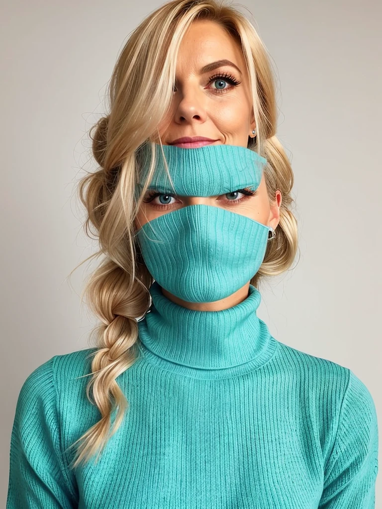 photo of a skinny very old wrinkly faced mature blonde prostitute with fake eyelashes and plump enhanced lips, messy long hair thrown into a messy bun ponytial. She wears: (turtleneck soft high ribbed turquoise sweater:1.1), submissive seductive pose, high tight ribbed neck, seductive smile, perfect fake tits, there is a line of 4 big muscly strong black men standing behind her