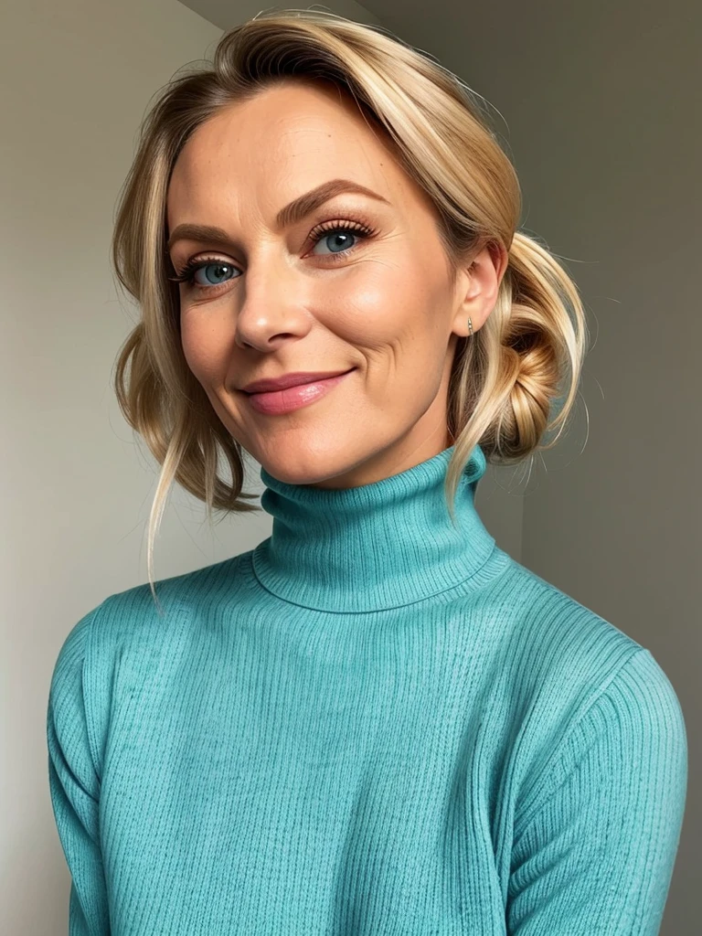 photo of a skinny very old wrinkly faced mature blonde prostitute with fake eyelashes and plump enhanced lips, messy long hair thrown into a messy bun ponytial. She wears: (turtleneck soft high ribbed turquoise sweater:1.1), submissive seductive pose, high tight ribbed neck, seductive smile, perfect fake tits, there is a line of 4 big muscly strong black men standing behind her