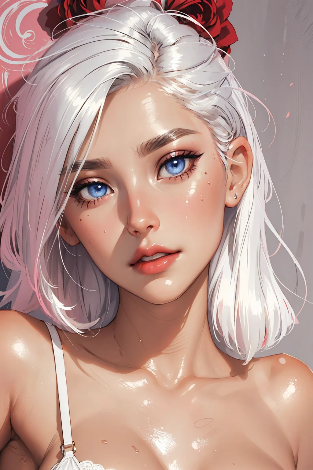 1girl,a beautiful fashion model ,(masterpiece, detailed background, best quality),short and shiny hair, white hair with highlights,smirk,juicy lips,red lips, calmart, lingerie, stripping, elegant makeup, blue eyes, pink eyeshadow