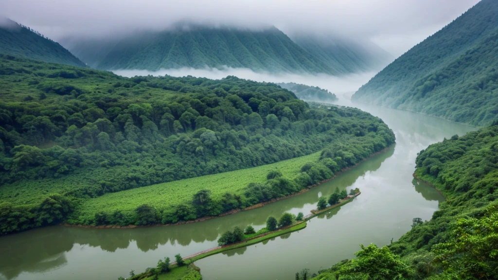 wonderfull landsape with river and forest, we can see a little lake in a far. foggy, dreaming, rainy