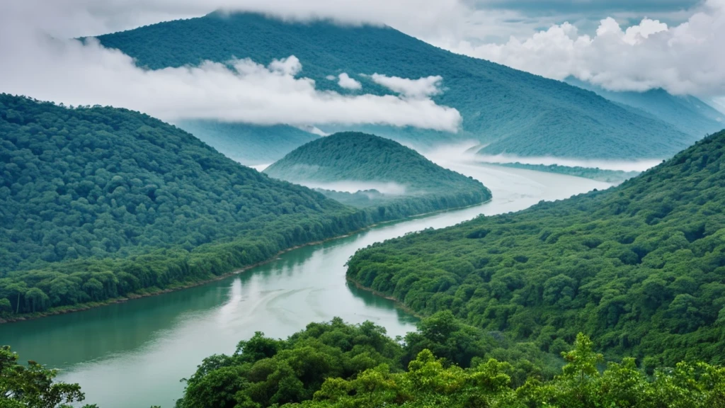 wonderfull landsape with river and forest, we can see a little lake in a far. foggy, dreaming, rainy