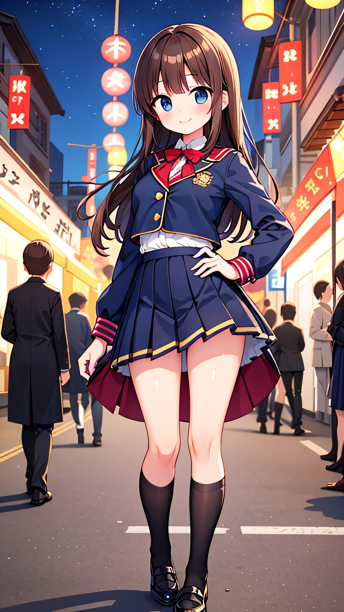 {Highest quality], [Super beautiful], [Ultra fine], [Best illustration], NSFW,Brown Hair, Hime cut, Long Hair, With bangs, girl,uniform,knit,skirt,smile, blush, Slender women, Adult women,Standing posture,(Public),Night Park,Summer festival,diagonal, Navy blue knee socks,Black loafa