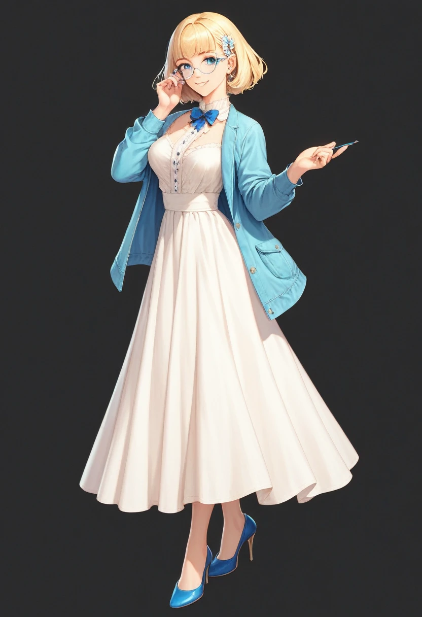 divine beautiful girl, beautiful face, solo, full body, standing, medium bob cut blonde hair, light blue eyes, two points glasses, medium breasts, blue opened short jacket, white blouse, white long pleats skirt, blue high heels, soft smile, pinch one's glasses, perfect hands and perfect fingers, black background, no background, pastel 2d art, matte painting