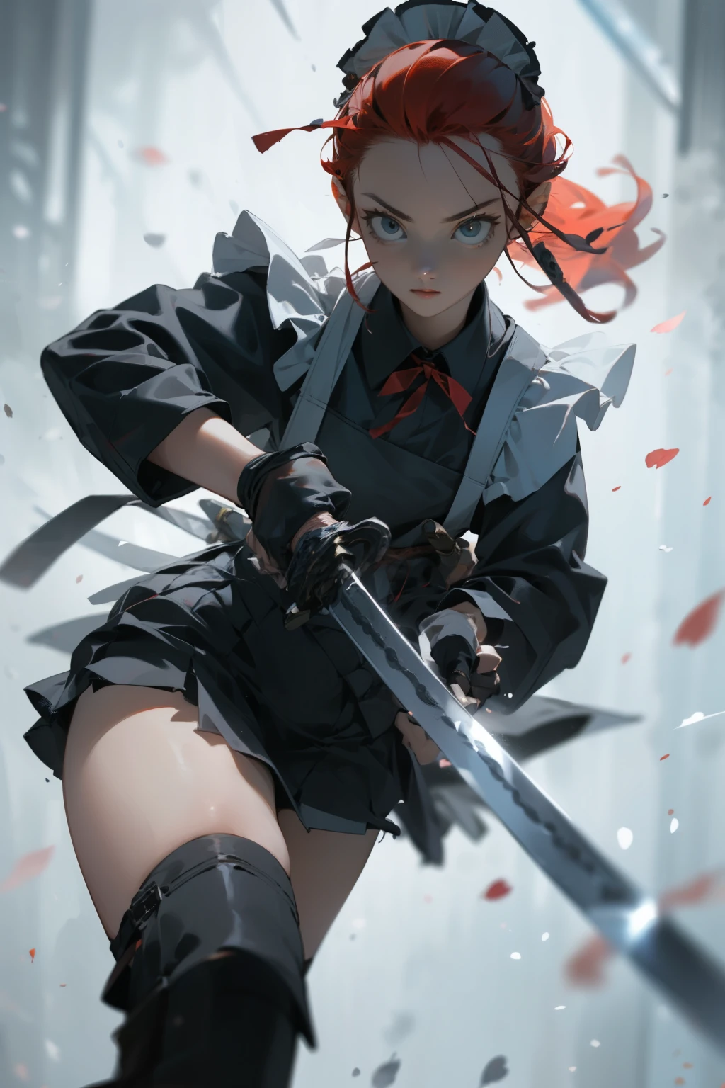 (masterpiece), ((best quality)), (super detailed), (beautiful eyes beautiful details eyes, Clean and delicate face), knee shot, solo, Red bob hair, red eyes, (maid fashion, white brim, mini skirt), thigh, black gloves, black short boots, holding sword, blade to side, strike pose, blade down, blade right hand