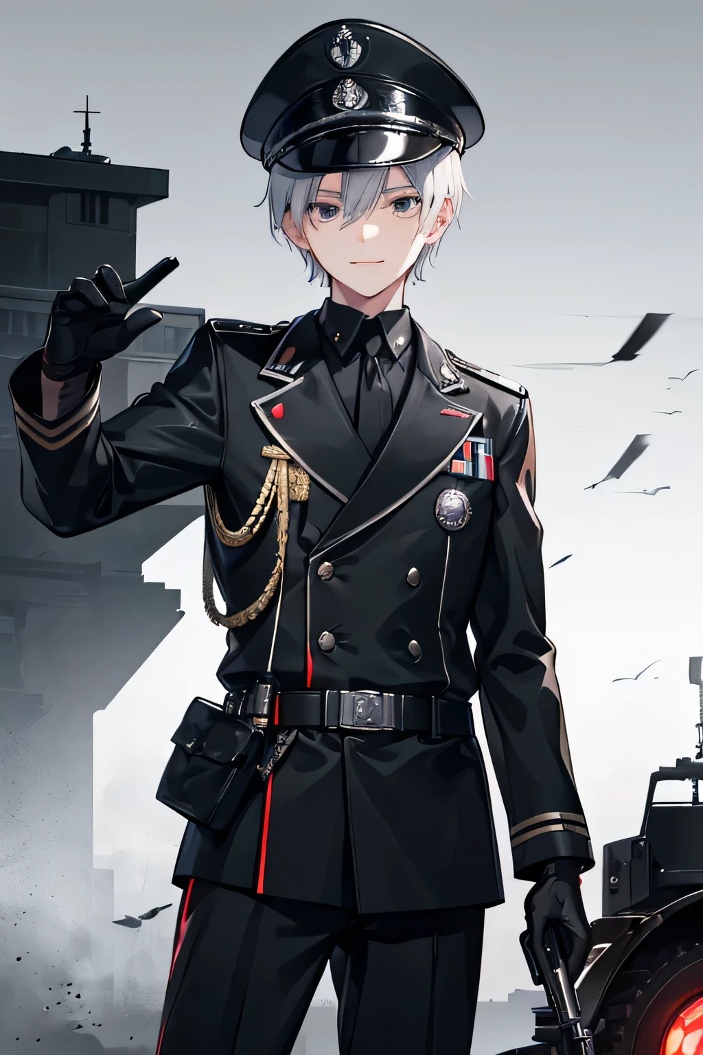 A young male, Asian Face, Smile maliciously, white short hair, WWII German style black military cap, German WWII black formal military uniform, Wearing a black leather jacket, Black leather gloves, Ammunition belt, Carrying a submachine gun,He spread his arms, In front of a military vehicle, Night Light, Low light, FOG