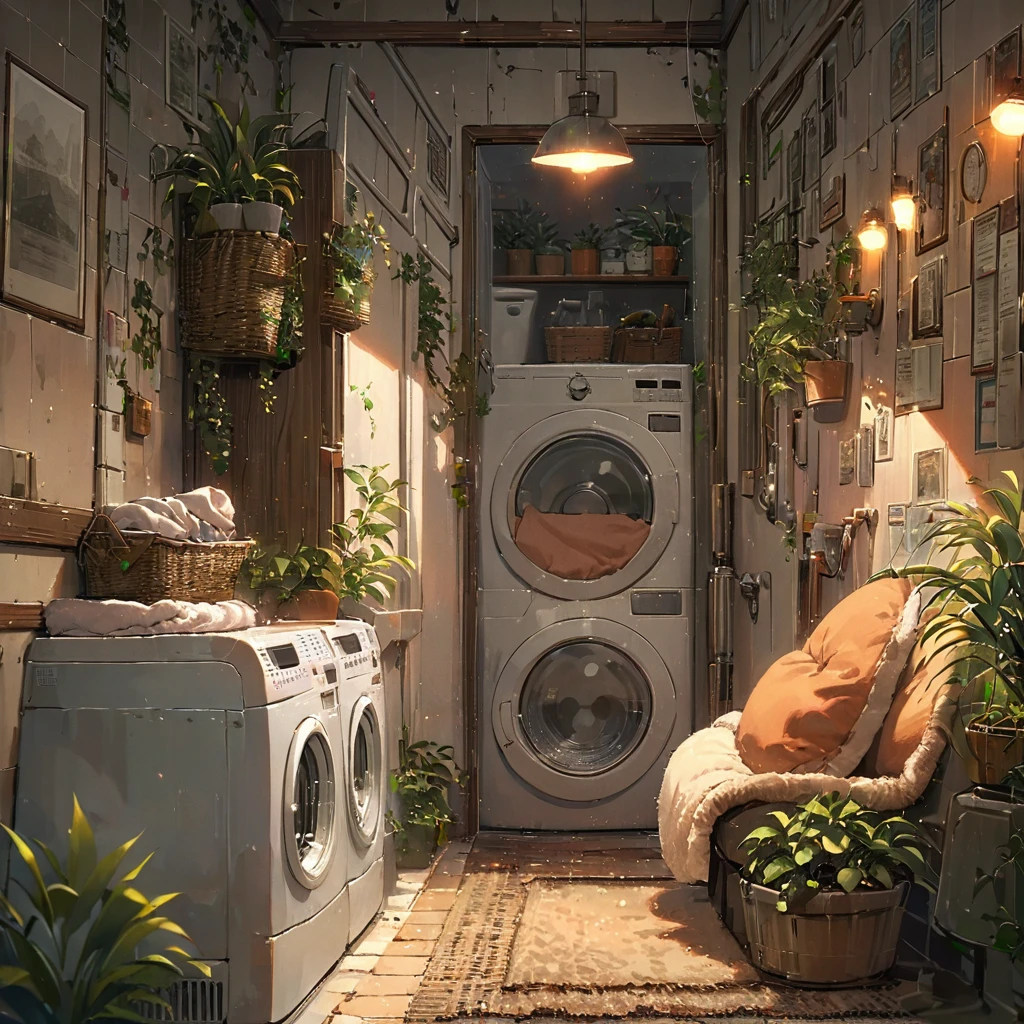 ((anime:1.4,illustration)),(masterpiece, top quality, best quality),(ultra-detailed, absolutely resolution),((16k, high res)),

(((cozy lofi laundry room. The room should have a warm, inviting atmosphere with soft, dim lighting. Include vintage-style washing machines and dryers, with clothes hanging on a line or neatly folded in baskets. The walls should have a muted color palette, with some plants and simple wall art to add to the relaxing vibe. Add details such as a comfy chair with a small table, a record player playing lofi music,))), 

((cosy lofi illustration:1.4)), ((anime:1.4, illustration)),(masterpiece, top quality, best quality),(ultra-detailed, absolutely resolution),((16k, high res)) BREAK {lofi art, style of Laurie Greasley, style of Makoto Shinkai, anime aesthetic}, BREAK { (produces images with information than 40 million pixels with cinematic-like detailed textures shot on a Sony SLR).}
