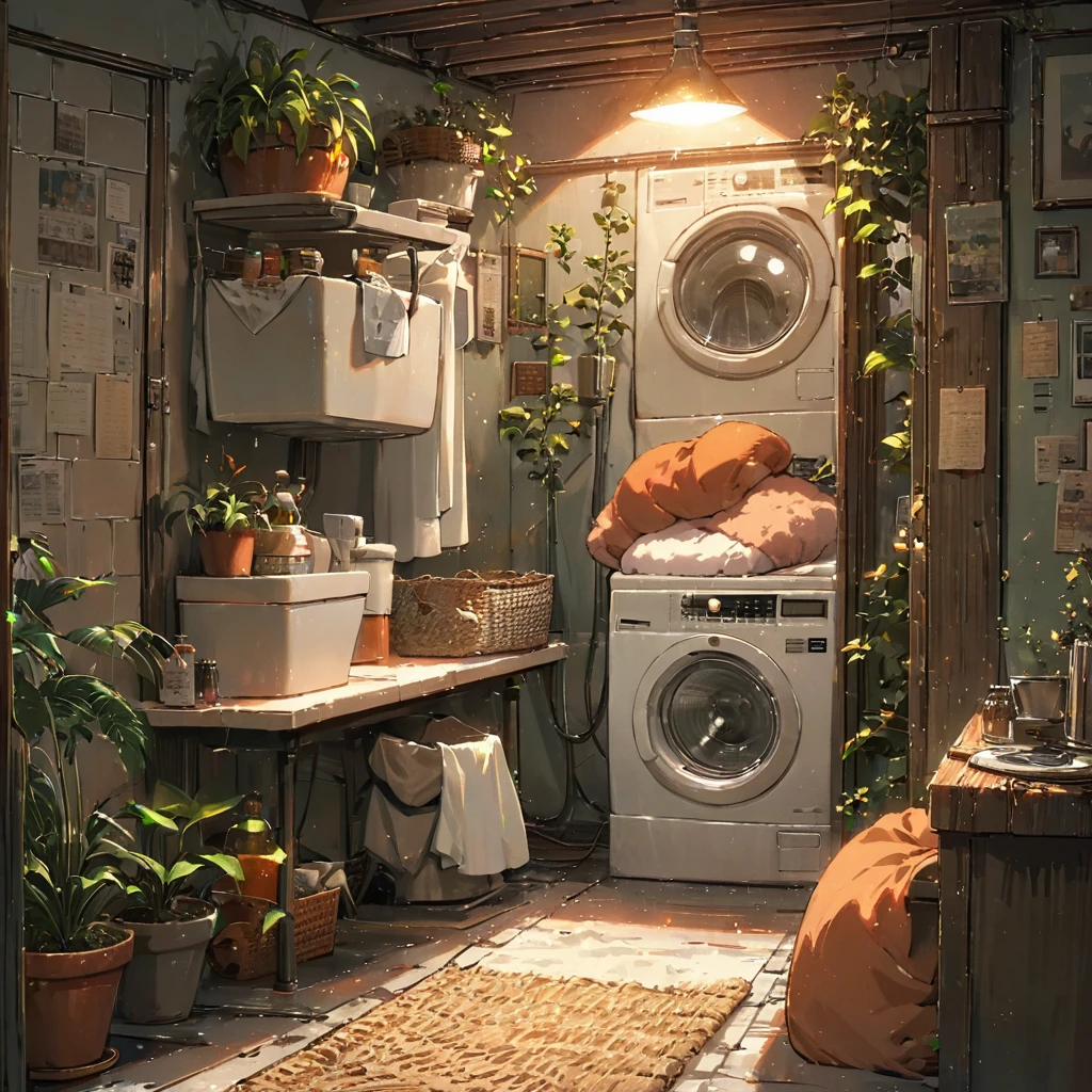 ((anime:1.4,illustration)),(masterpiece, top quality, best quality),(ultra-detailed, absolutely resolution),((16k, high res)),

(((cozy lofi laundry room. The room should have a warm, inviting atmosphere with soft, dim lighting. Include vintage-style washing machines and dryers, with clothes hanging on a line or neatly folded in baskets. The walls should have a muted color palette, with some plants and simple wall art to add to the relaxing vibe. Add details such as a comfy chair with a small table, a record player playing lofi music,))), 

((cosy lofi illustration:1.4)), ((anime:1.4, illustration)),(masterpiece, top quality, best quality),(ultra-detailed, absolutely resolution),((16k, high res)) BREAK {lofi art, style of Laurie Greasley, style of Makoto Shinkai, anime aesthetic}, BREAK { (produces images with information than 40 million pixels with cinematic-like detailed textures shot on a Sony SLR).}