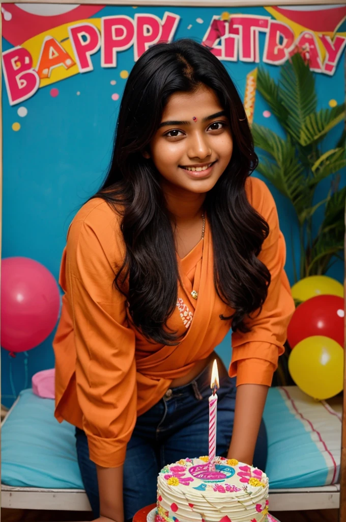 Birthday seen of an Indian girl , with a poster of happy birthday Rai Banerjee