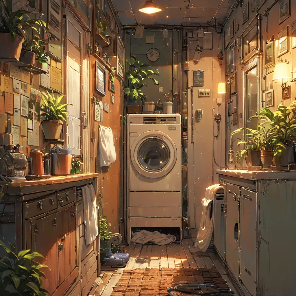 ((anime:1.4,illustration)),(masterpiece, top quality, best quality),(ultra-detailed, absolutely resolution),((16k, high res)),
(((cozy lofi laundry room. The room should have a warm, inviting atmosphere with soft, dim lighting. Include vintage-style washing machines and dryers, with clothes hanging on a line or neatly folded in baskets. The walls should have a muted color palette, with some plants and simple wall art to add to the relaxing vibe. Add details such as a comfy chair with a small table, a record player playing lofi music,))),
((cosy lofi illustration:1.4)), ((anime:1.4, illustration)),(masterpiece, top quality, best quality),(ultra-detailed, absolutely resolution),((16k, high res)) BREAK {lofi art, style of Laurie Greasley, style of Makoto Shinkai, anime aesthetic}, BREAK { (produces images with information than 40 million pixels with cinematic-like detailed textures shot on a Sony SLR).}