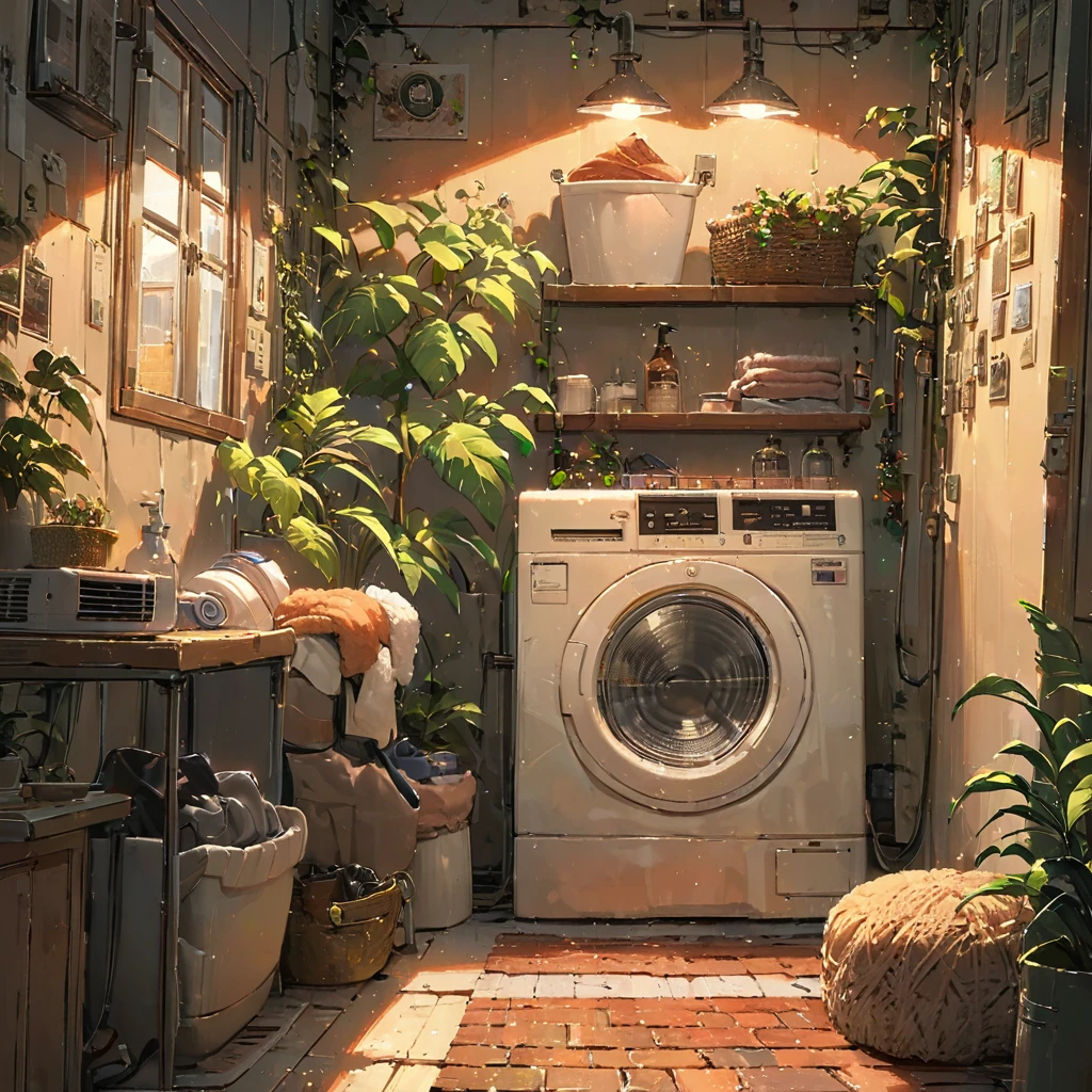 ((anime:1.4,illustration)),(masterpiece, top quality, best quality),(ultra-detailed, absolutely resolution),((16k, high res)),
(((cozy lofi laundry room. The room should have a warm, inviting atmosphere with soft, dim lighting. Include vintage-style washing machines and dryers, with clothes hanging on a line or neatly folded in baskets. The walls should have a muted color palette, with some plants and simple wall art to add to the relaxing vibe. Add details such as a comfy chair with a small table, a record player playing lofi music,))),
((cosy lofi illustration:1.4)), ((anime:1.4, illustration)),(masterpiece, top quality, best quality),(ultra-detailed, absolutely resolution),((16k, high res)) BREAK {lofi art, style of Laurie Greasley, style of Makoto Shinkai, anime aesthetic}, BREAK { (produces images with information than 40 million pixels with cinematic-like detailed textures shot on a Sony SLR).}