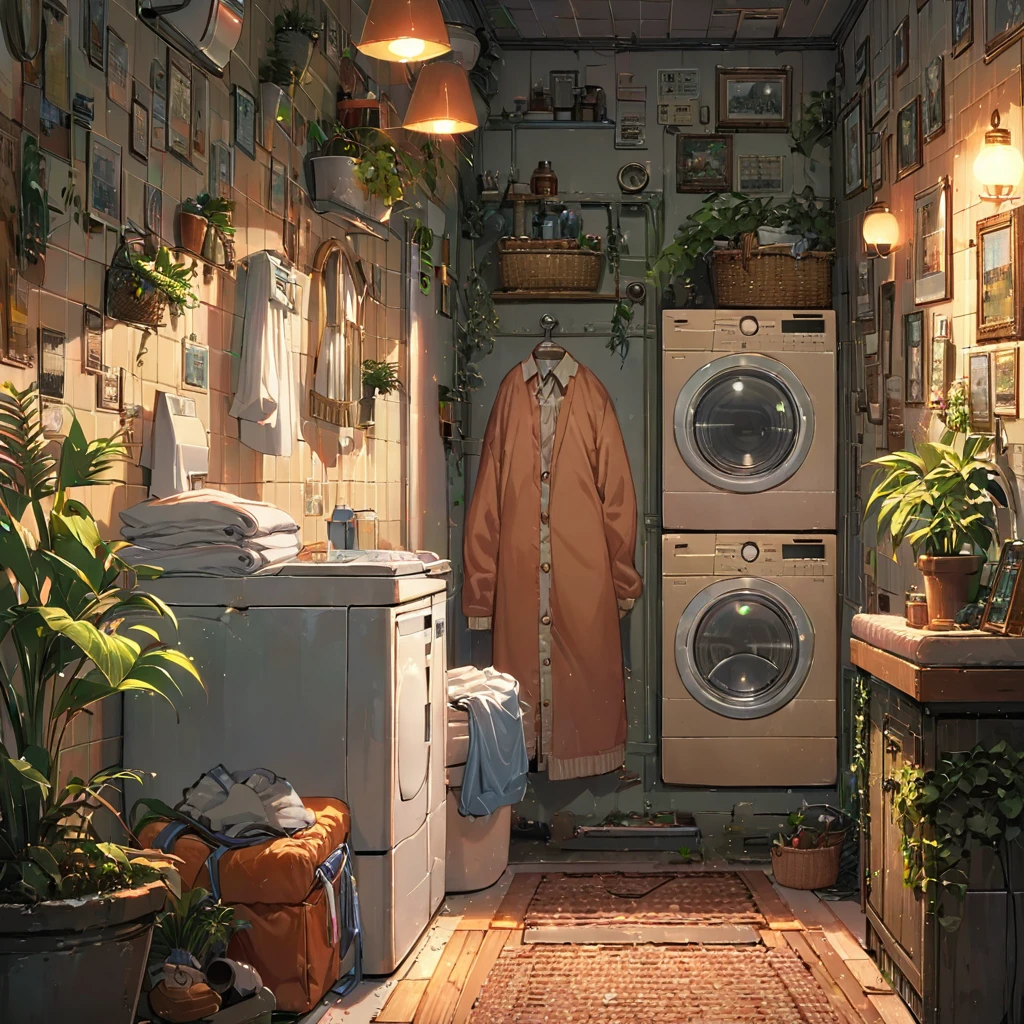 ((anime:1.4,illustration)),(masterpiece, top quality, best quality),(ultra-detailed, absolutely resolution),((16k, high res)),

(((cozy lofi laundry room. The room should have a warm, inviting atmosphere with soft, dim lighting. Include vintage-style washing machines and dryers, with clothes hanging on a line or neatly folded in baskets. The walls should have a muted color palette, with some plants and simple wall art to add to the relaxing vibe. Add details such as a comfy chair with a small table, a record player playing lofi music,))), 

((cosy lofi illustration:1.4)), ((anime:1.4, illustration)),(masterpiece, top quality, best quality),(ultra-detailed, absolutely resolution),((16k, high res)) BREAK {lofi art, style of Laurie Greasley, style of Makoto Shinkai, anime aesthetic}, BREAK { (produces images with information than 40 million pixels with cinematic-like detailed textures shot on a Sony SLR).}