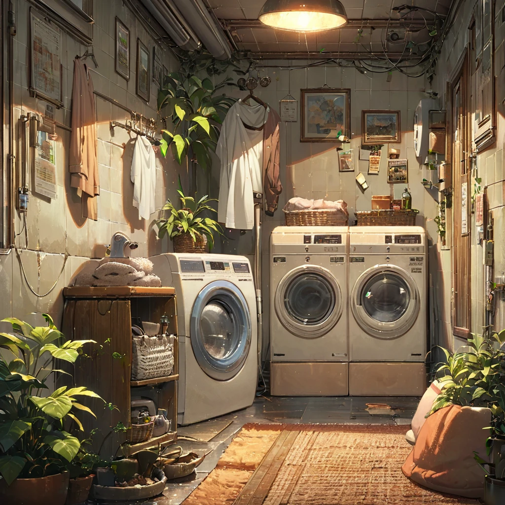((anime:1.4,illustration)),(masterpiece, top quality, best quality),(ultra-detailed, absolutely resolution),((16k, high res)),
(((cozy lofi laundry room. The room should have a warm, inviting atmosphere with soft, dim lighting. Include vintage-style washing machines and dryers, with clothes hanging on a line or neatly folded in baskets. The walls should have a muted color palette, with some plants and simple wall art to add to the relaxing vibe. Add details such as a comfy chair with a small table, a record player playing lofi music,))),
((cosy lofi illustration:1.4)), ((anime:1.4, illustration)),(masterpiece, top quality, best quality),(ultra-detailed, absolutely resolution),((16k, high res)) BREAK {lofi art, style of Laurie Greasley, style of Makoto Shinkai, anime aesthetic}, BREAK { (produces images with information than 40 million pixels with cinematic-like detailed textures shot on a Sony SLR).}