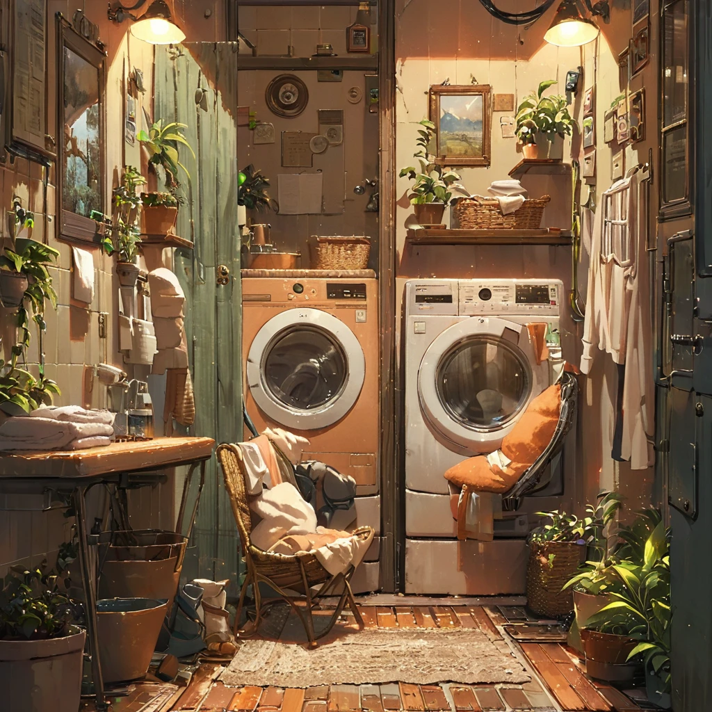 ((anime:1.4,illustration)),(masterpiece, top quality, best quality),(ultra-detailed, absolutely resolution),((16k, high res)),
(((cozy lofi laundry room. The room should have a warm, inviting atmosphere with soft, dim lighting. Include vintage-style washing machines and dryers, with clothes hanging on a line or neatly folded in baskets. The walls should have a muted color palette, with some plants and simple wall art to add to the relaxing vibe. Add details such as a comfy chair with a small table, a record player playing lofi music,))),
((cosy lofi illustration:1.4)), ((anime:1.4, illustration)),(masterpiece, top quality, best quality),(ultra-detailed, absolutely resolution),((16k, high res)) BREAK {lofi art, style of Laurie Greasley, style of Makoto Shinkai, anime aesthetic}, BREAK { (produces images with information than 40 million pixels with cinematic-like detailed textures shot on a Sony SLR).}