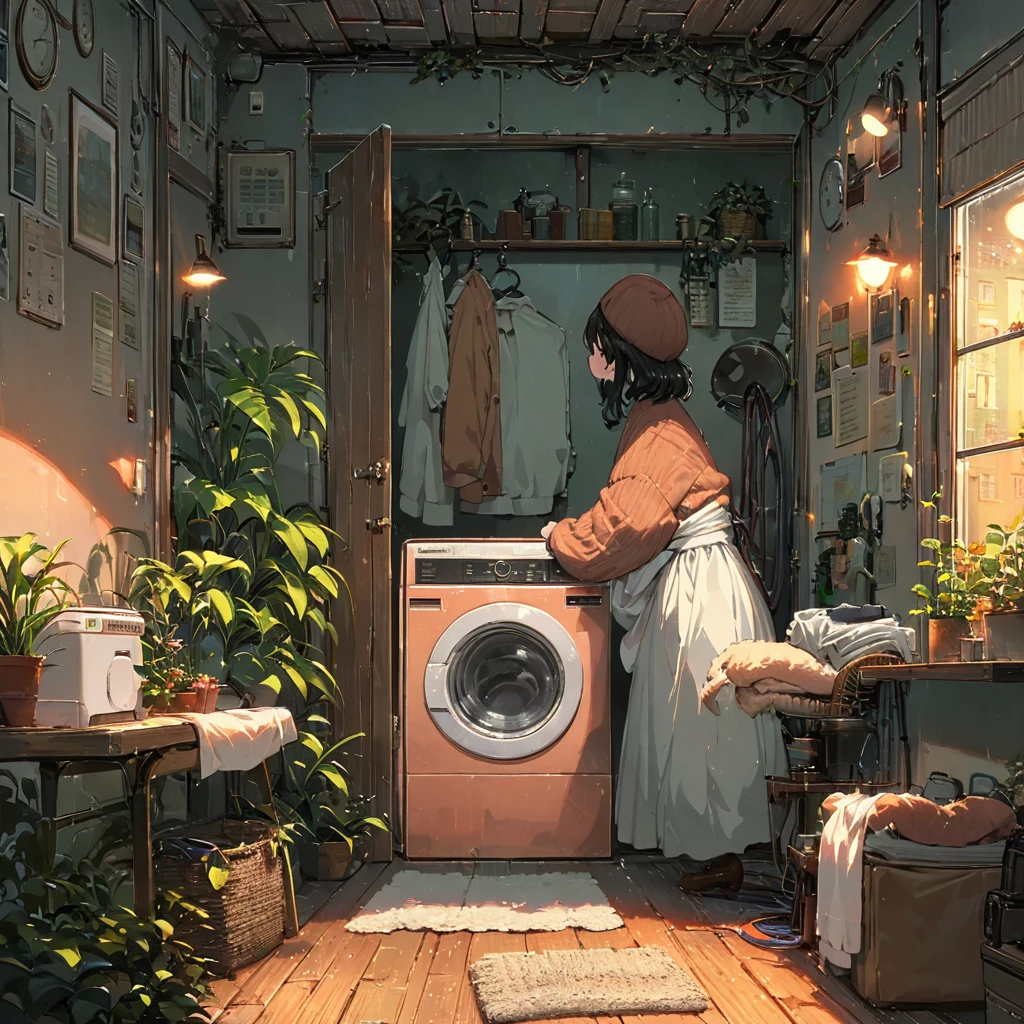 ((anime:1.4,illustration)),(masterpiece, top quality, best quality),(ultra-detailed, absolutely resolution),((16k, high res)),

(((cozy lofi laundry room. The room should have a warm, inviting atmosphere with soft, dim lighting. Include vintage-style washing machines and dryers, with clothes hanging on a line or neatly folded in baskets. The walls should have a muted color palette, with some plants and simple wall art to add to the relaxing vibe. Add details such as a comfy chair with a small table, a record player playing lofi music,))), 

((cosy lofi illustration:1.4)), ((anime:1.4, illustration)),(masterpiece, top quality, best quality),(ultra-detailed, absolutely resolution),((16k, high res)) BREAK {lofi art, style of Laurie Greasley, style of Makoto Shinkai, anime aesthetic}, BREAK { (produces images with information than 40 million pixels with cinematic-like detailed textures shot on a Sony SLR).}