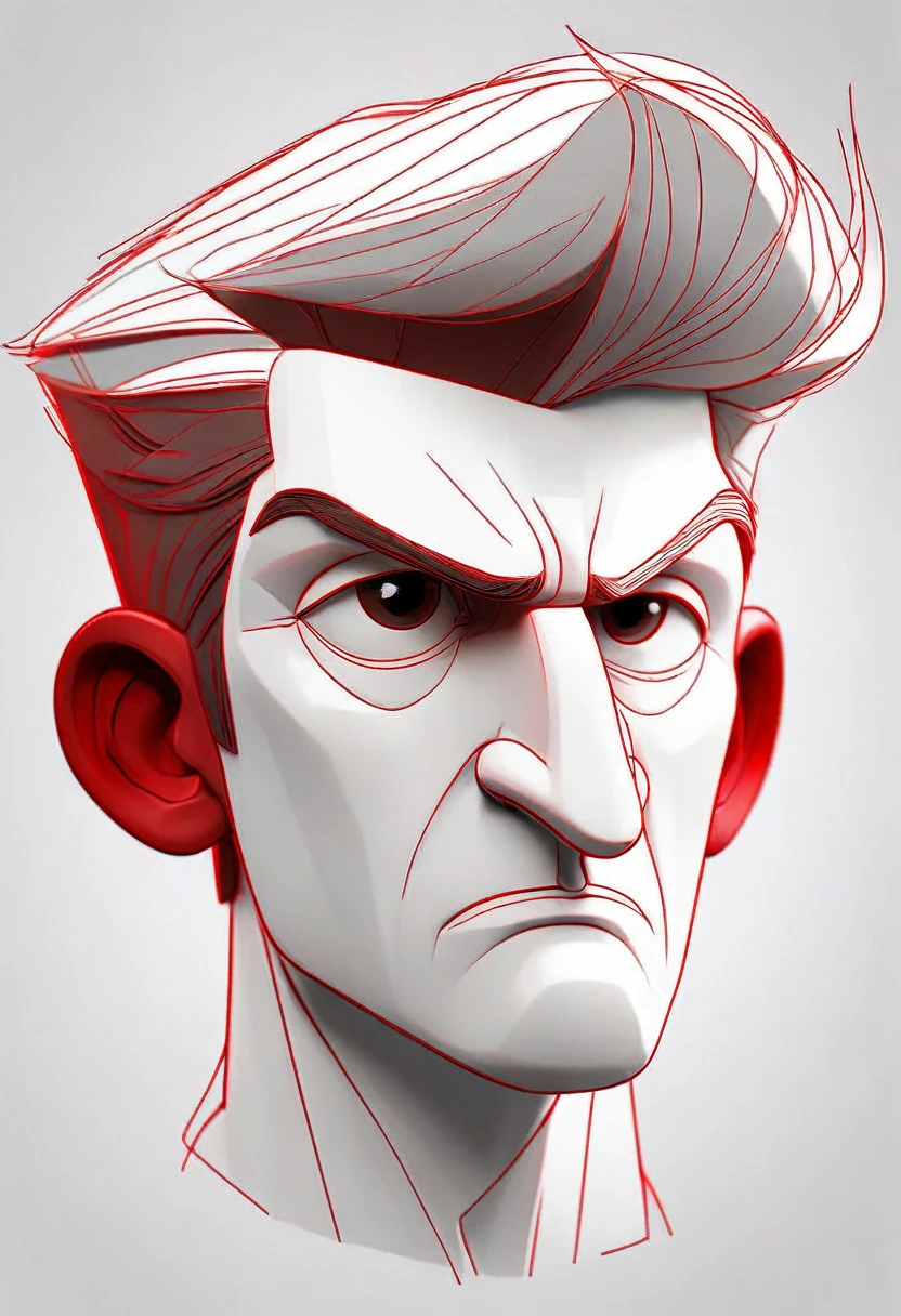 Drawing of a single mature male head in light white and dark red style,middle aged,Boys,short hair,Red monochrome line drawing,Flat illustrations,Minimalism,Close-up of the portrait