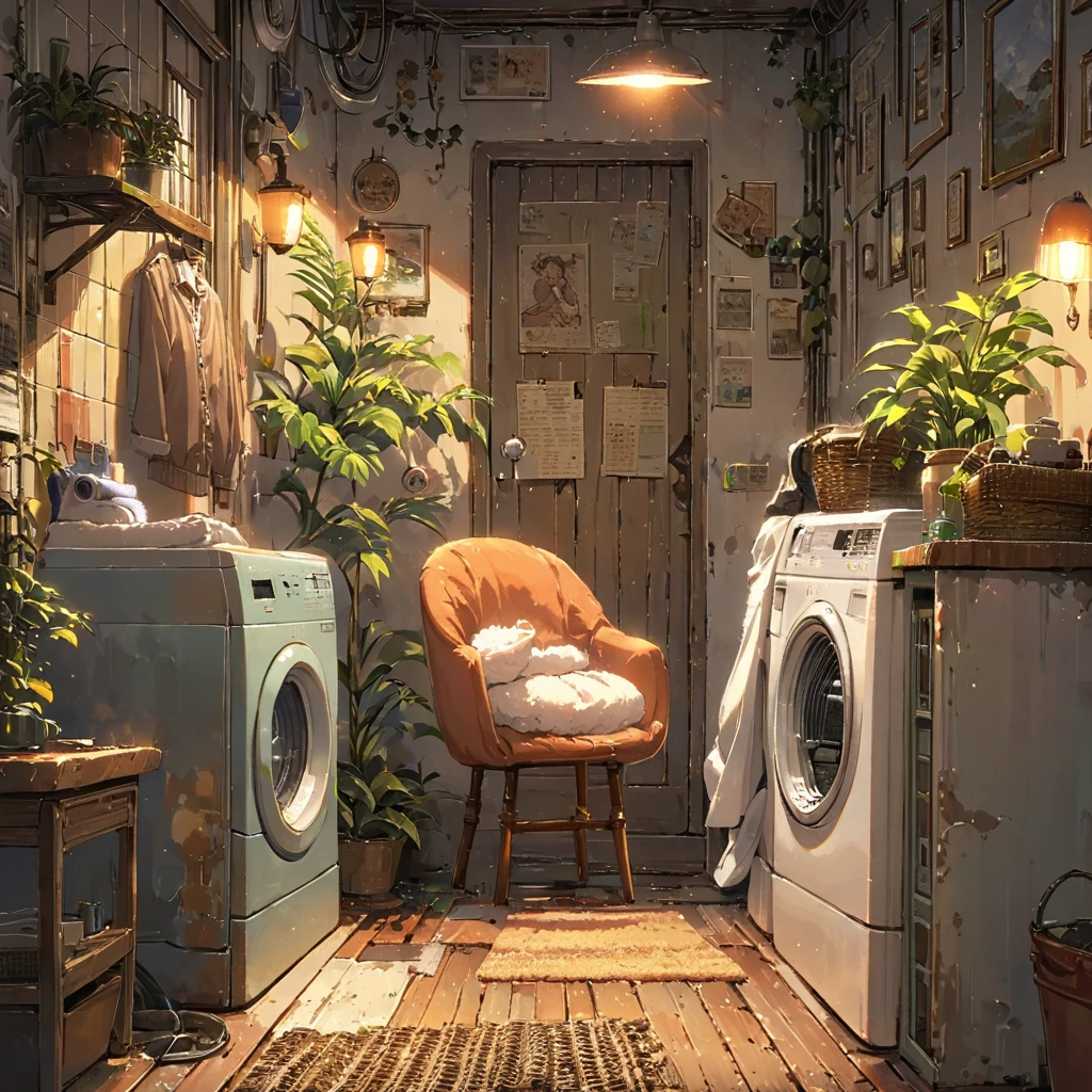 ((anime:1.4,illustration)),(masterpiece, top quality, best quality),(ultra-detailed, absolutely resolution),((16k, high res)),

(((cozy lofi laundry room. The room should have a warm, inviting atmosphere with soft, dim lighting. Include vintage-style washing machines and dryers, with clothes hanging on a line or neatly folded in baskets. The walls should have a muted color palette, with some plants and simple wall art to add to the relaxing vibe. Add details such as a comfy chair with a small table, a record player playing lofi music,))), 

((cosy lofi illustration:1.4)), ((anime:1.4, illustration)),(masterpiece, top quality, best quality),(ultra-detailed, absolutely resolution),((16k, high res)) BREAK {lofi art, style of Laurie Greasley, style of Makoto Shinkai, anime aesthetic}, BREAK { (produces images with information than 40 million pixels with cinematic-like detailed textures shot on a Sony SLR).}