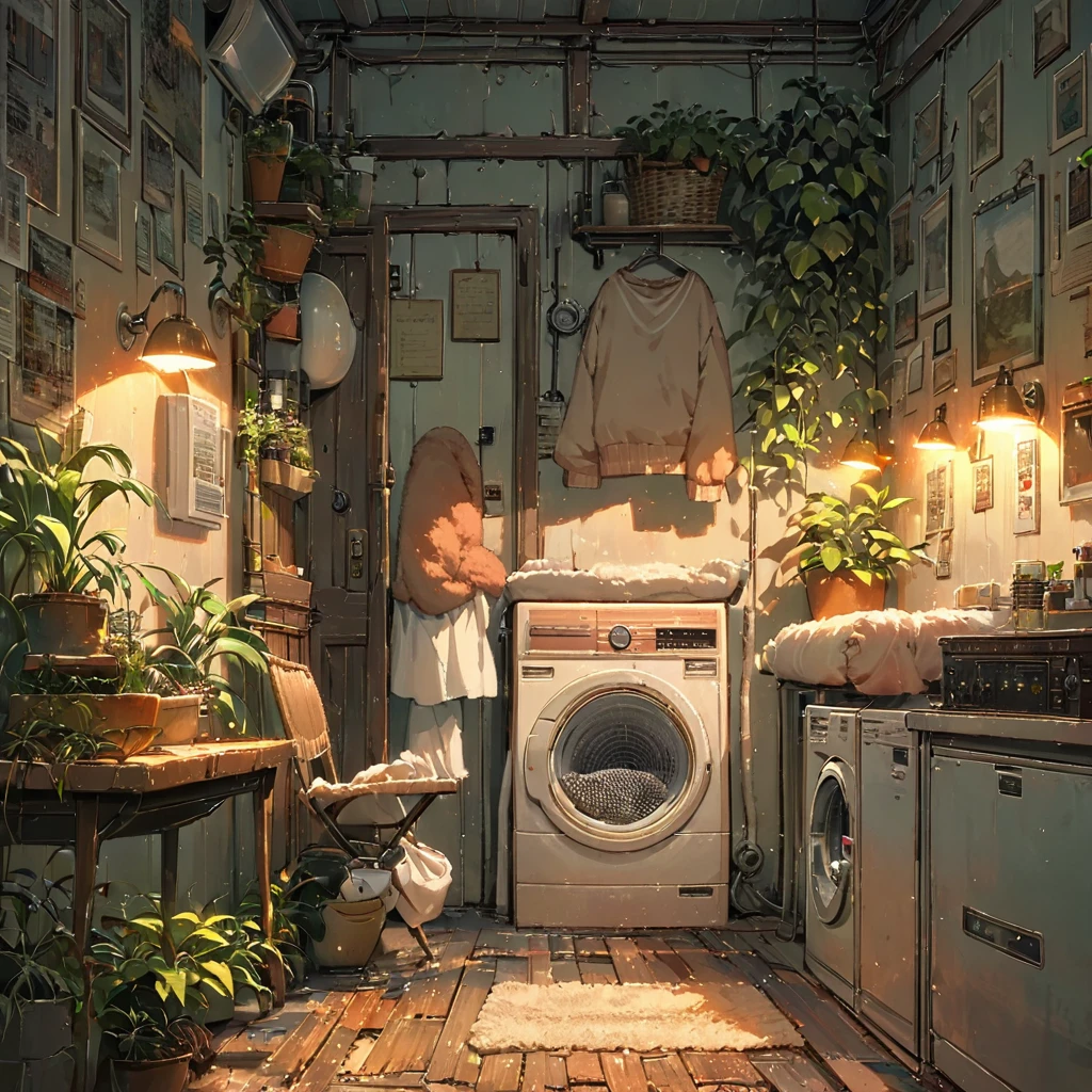 ((anime:1.4,illustration)),(masterpiece, top quality, best quality),(ultra-detailed, absolutely resolution),((16k, high res)),
(((cozy lofi laundry room. The room should have a warm, inviting atmosphere with soft, dim lighting. Include vintage-style washing machines and dryers, with clothes hanging on a line or neatly folded in baskets. The walls should have a muted color palette, with some plants and simple wall art to add to the relaxing vibe. Add details such as a comfy chair with a small table, a record player playing lofi music,))),
((cosy lofi illustration:1.4)), ((anime:1.4, illustration)),(masterpiece, top quality, best quality),(ultra-detailed, absolutely resolution),((16k, high res)) BREAK {lofi art, style of Laurie Greasley, style of Makoto Shinkai, anime aesthetic}, BREAK { (produces images with information than 40 million pixels with cinematic-like detailed textures shot on a Sony SLR).}
