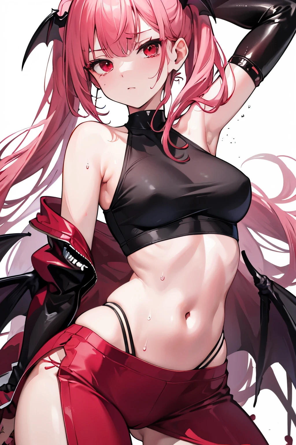 underdressing,Expression of disgust,Expression of disgust,Red Eyes,Sweat,Soaked,liquid,transparent,Back,Cropped tops,Hips,succubus,pink,Buttocks close-up