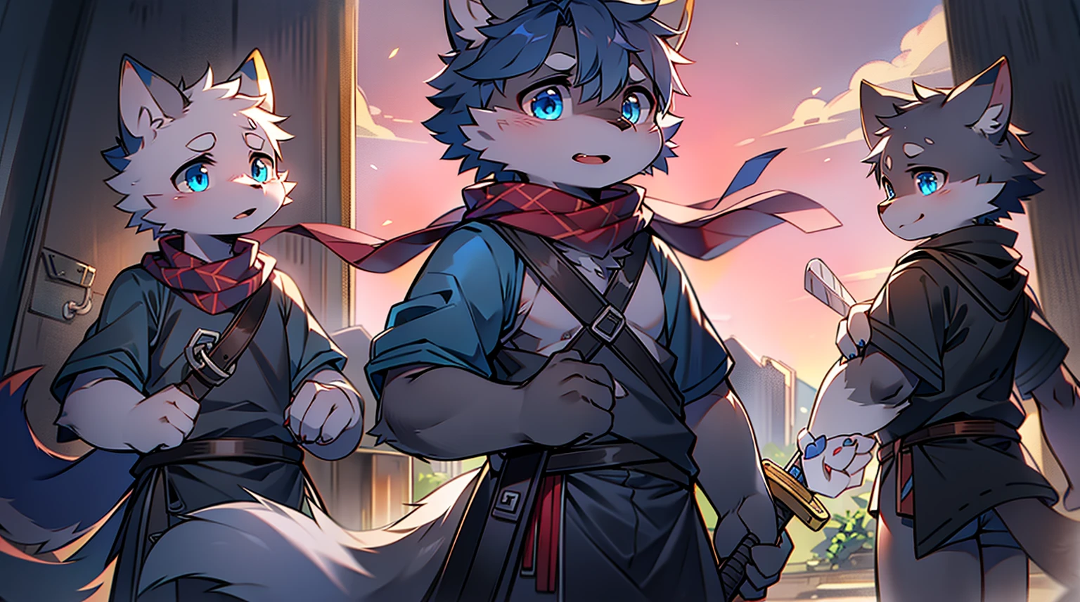 Wolf,juvenile,male,Gray-black fur,Sky blue eyes,Ancient combat uniform,scarf,Holding a long sword,Scabbard back,permanent,The only one,dawn,illumination,Break