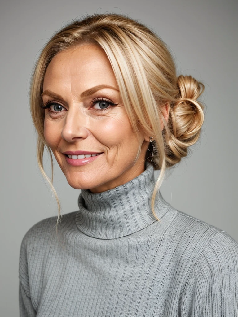photo of a skinny very old wrinkly faced mature blonde prostitute with fake eyelashes and plump enhanced lips, messy long hair thrown into a messy bun ponytial. She wears: (turtleneck soft high ribbed sweater:1.1), submissive seductive pose, high tight ribbed neck, seductive smile, perfect fake tits