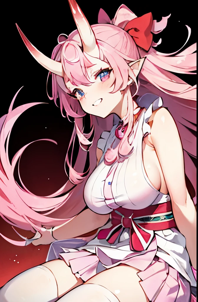 A close-up, frontal view of a cute and adorable pink oni girl, her youthful features framed by her distinctive, sharp horns. Her large, blue expressive eyes are drawn in a playful, slightly surprised shape, and they sparkle with mischief. Her smooth, rosy cheeks are accentuated by a pair of delicate pink blushes, emphasizing her innocence and girlish charm. Her long, flowing hair cascades down over her shoulders in a gentle wave, each strand painted a vibrant shade of hot pink. Her lips are painted a soft, coral shade, inviting you to take a closer look at her playful grin. She wears a traditional oni garb, consisting of a sleeveless top that accentuates her toned physique and a short, fluffy skirt that flutters around her knees as she moves. She has two, pink oni horns curving from her forehead. Around her neck, she wears a bright red obi sash, tied in a playful bow, and a pair of black, lace-up boots complete her look. The background is a soft, dreamy shade of pastel pink, adding to the overall kawaii atmosphere of the image.