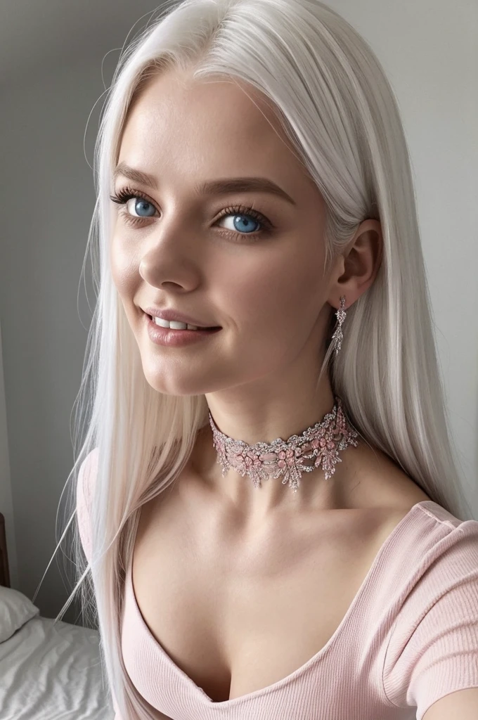 Pinterest selfie of a russian model girl in pink flluffy tight dress. shoulders opened. Bedroom on the background. platinum blonde. White hair. photo from above. photo from above. photo from above. lips half opened. pink tiny choker on the neck. Live photo in motion. Selfie. light smile on her lips. White hair falling on shoulders. White hair falling on shoulders. White hair falling on shoulders. White hair falling on shoulders. blue eyes. upper body visible. vogue opened pose. She should have a happy expression. soft lights. detailed hairstyle, long hair falling on shoulders, symmetrical. photo from instagram.