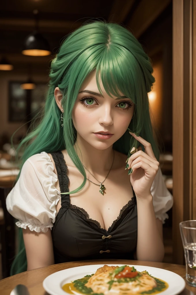 Create an oil painting style photo of a pretty witch with green hair, comendo em um restaurante