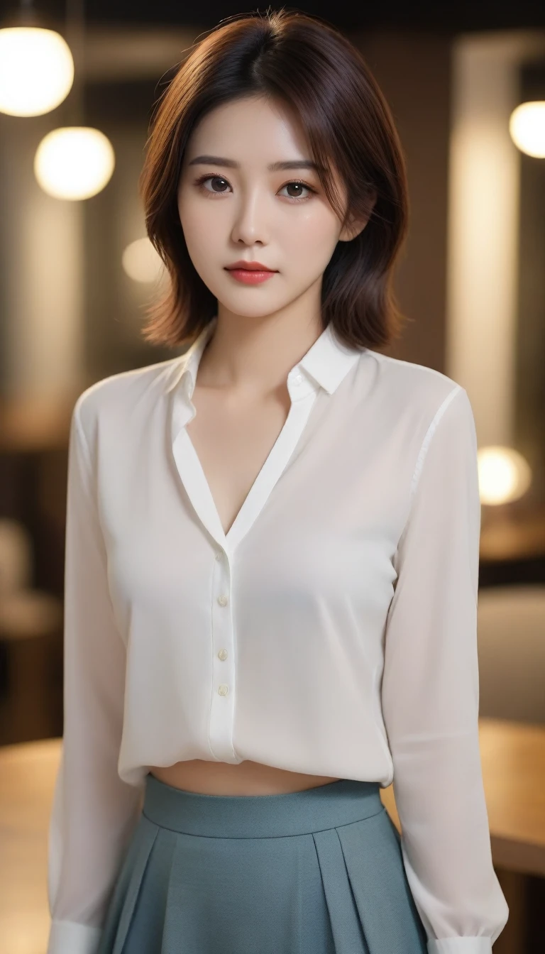 A close-up of a beautiful Korean woman, 29 inch breast size, wearing a long-sleeved shirt, skirt, elegant expression, Looking straight ahead at the camera, Leave a cup of coffee indoors at home, bokeh background, night, short hair front view, UHD