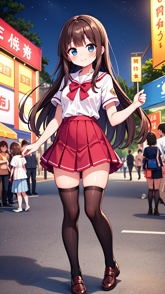 {Highest quality], [Super beautiful], [Ultra fine], [Best illustration], NSFW,Brown Hair, Hime cut, Long Hair, With bangs, girl,high school student,uniform,knit,Short sleeve,skirt,smile, blush, Slender women, Adult women,Standing posture,(Public),Night Park,Summer festival,diagonal, Navy blue knee socks,Black loafa