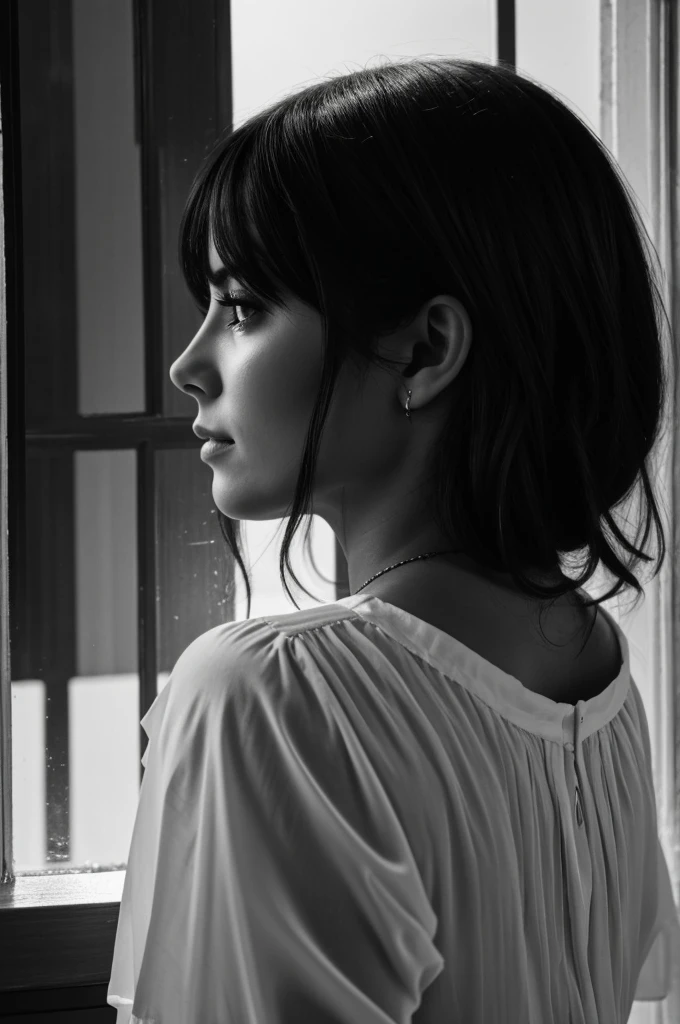 Imagine a black and white photograph of a person looking out the window., con la lluvia golpeando suavemente el cristal. In the reflection of the window you can see the figure of another person walking away., with a melancholic expression on his face. This image conveys the feeling of unrequited love, donde una persona observa en silencio a alguien que no comparte sus sentimientos.