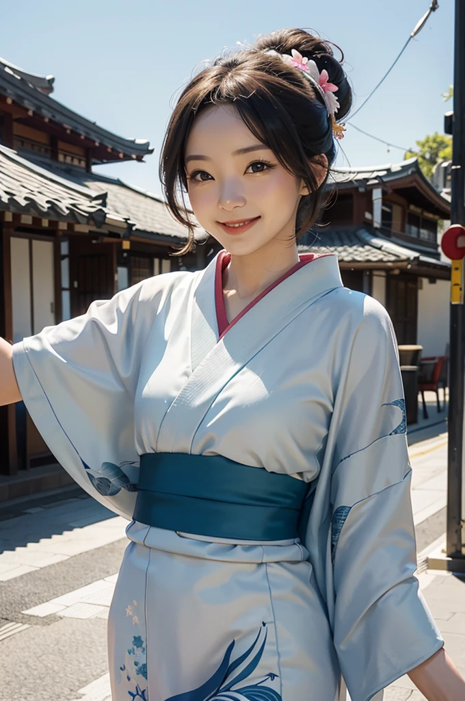 A beautiful smiling woman in a kimono greets people with a cheerful "Good morning" as she dances with her arms open under the blue sky