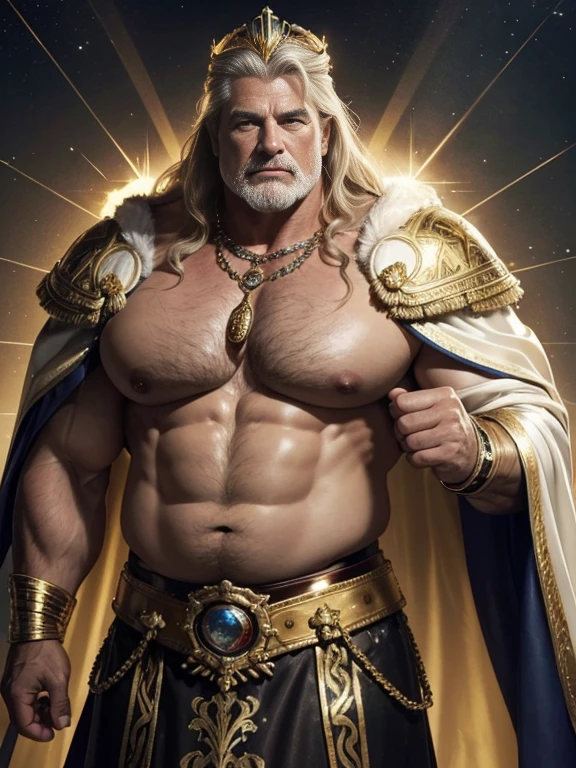 Imagen hiperrealista de un anciano con cara de Tom Platz, over 79 years old superhero holy imperial king grey-haired Nordic warrior with a huge crown of gold and gems and a halo of light on his head super heavy and very fat very handsome bodybuilder with huge flabby pecs and very large and pointed nipples very sweaty in a sky of very white clouds wearing only a Roman skirt of leather and gold and a velvet cape on the shoulders with an ermine collar
