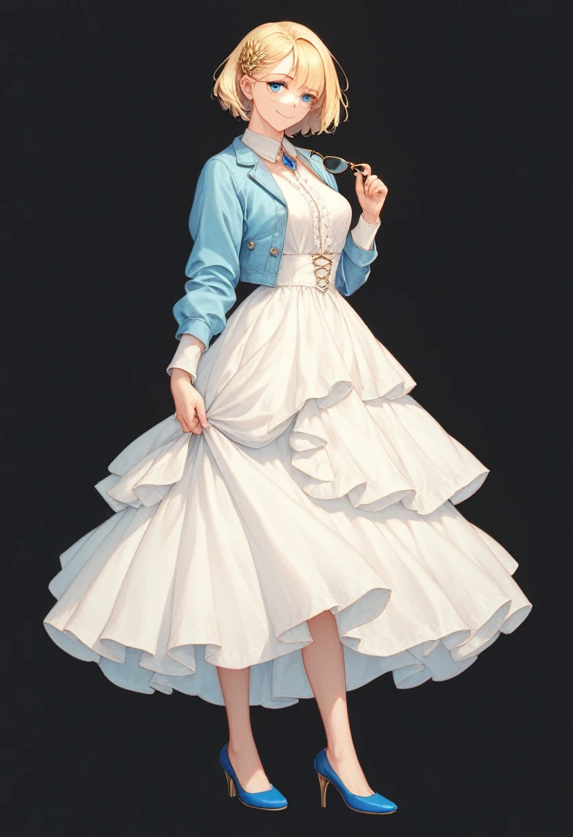 divine beautiful girl, beautiful face, solo, full body, standing, medium bob cut blonde hair, light blue eyes, two points glasses, medium breasts, blue opened short jacket, white blouse, white long pleats skirt, blue high heels, soft smile, pinch one's glasses, perfect hands and perfect fingers, black background, no background, pastel 2d art, matte painting
