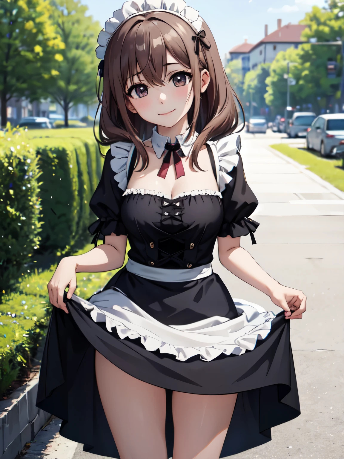 masterpiece、Highest quality、Very detailed、alone、hiori katase、Standing、smile、Closed Mouth、One Girl、beautiful flower々Park in full bloom,Beautiful thighs,Absolute reference to the center、High resolution、超High resolution、Ultra-fine painting、Sharp focus、Physically Based Rendering、Maid、Gothic ****ta Clothing、4K,8K、Skirt lift up