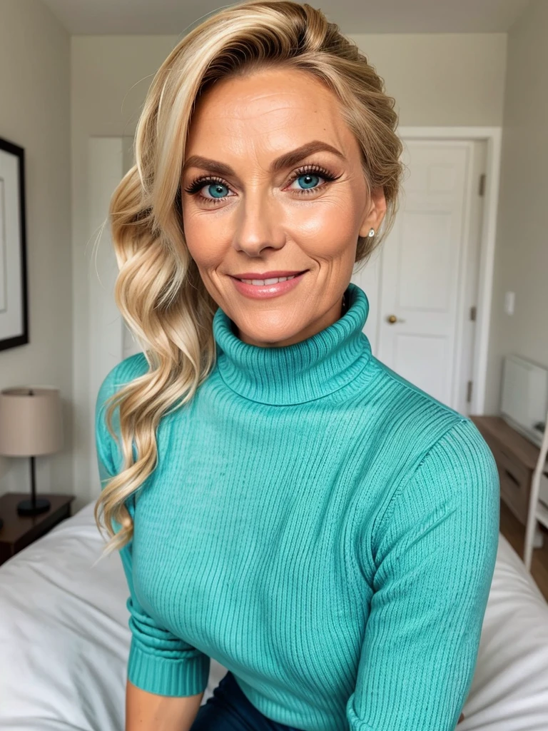photo of a skinny very old wrinkly faced mature blonde prostitute with fake eyelashes and plump enhanced lips, messy long hair thrown into a messy bun ponytial. She wears: (turtleneck soft high ribbed turquoise sweater:1.1), submissive seductive pose, high tight ribbed neck, seductive smile, perfect fake tits, there is a line of 4 big muscly strong african men standing behind her