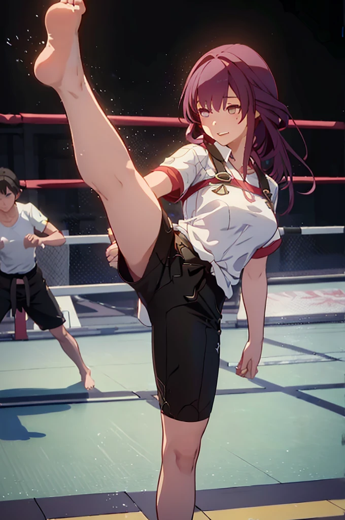 1girl, kafka, angry, wearing summer  with short sleeves, right leg high kick, karate kick, right foot raised above head-height, barefoot, arched foot, barehands, fighting stance, martial arts, facing viewer, fit full body in picture, (best quality,8K,high resolution,ultra-detailed,masterpiece:1.2)